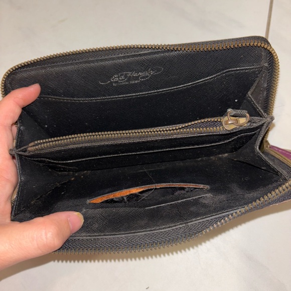 Distressed Ed Hardy Women's Wallet with Purple and Yellow Graphic - Picture 3 of 5